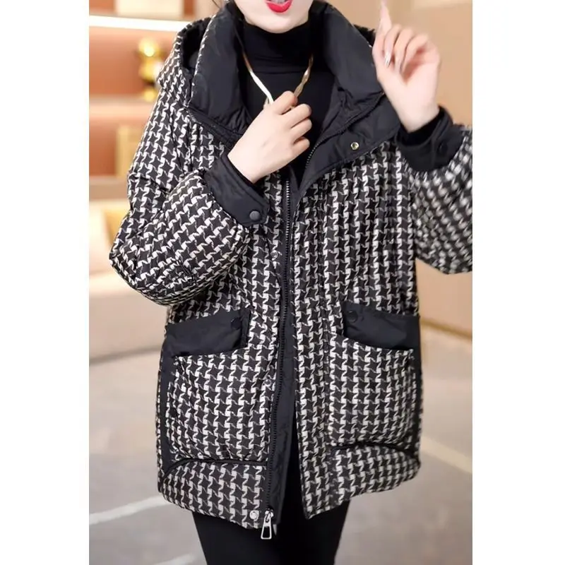 Women's Autumn Winter Top Coat Cotton Coat Houndstooth Middle-aged and Elderly Retro Simple Comfortable Casual Soft Niche Skinny