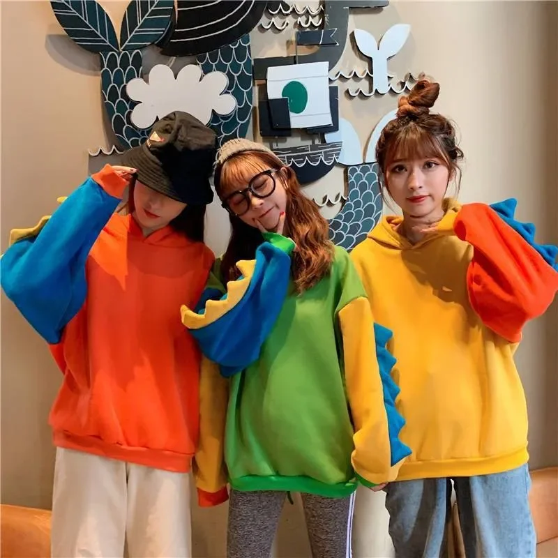 Cartoon Dinosaur Printed Hoodies Women Long Sleeves Cute Irregular Color Blocked Casual Sweatshirts Contrast Autumn Winter