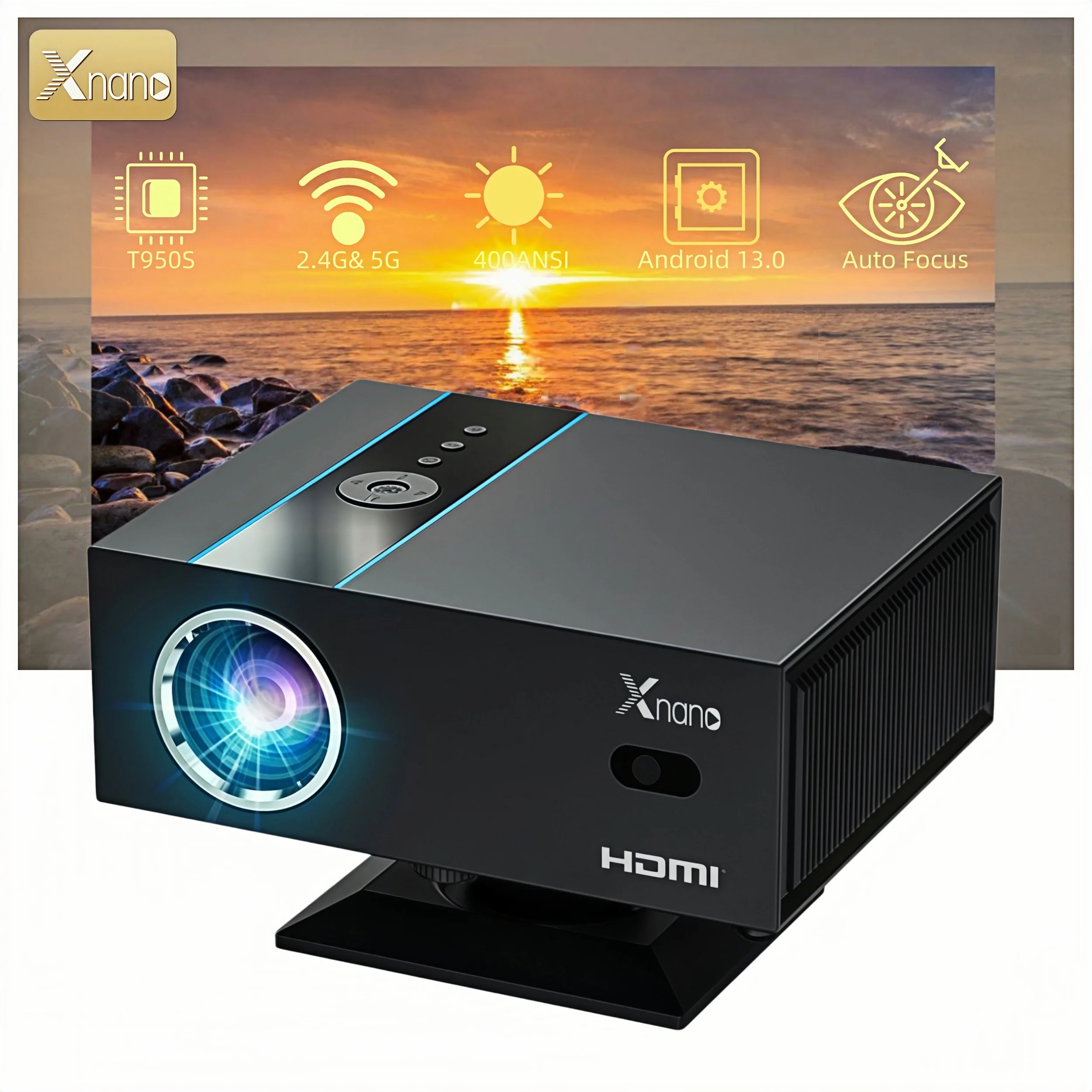 Xnano X6 Native 1080P Projector, 400 ANSI Lumens, Auto Focus, Android 13, Wi-Fi, Bluetooth 5.2, Portable Mini Projector, 4K Decoding, Dolby Audio, 360° Rotatable Stand, Smart Home Theater, Outdoor Movie Projector for Bedrooms and Gaming