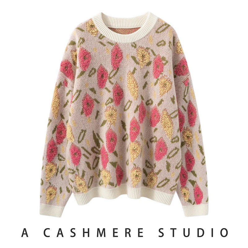 Korean Style Autumn Winter Women's 100% Cashmere Sweater Round Neck Pullover with Stereo Flower Pattern Casual Daily Knitwear