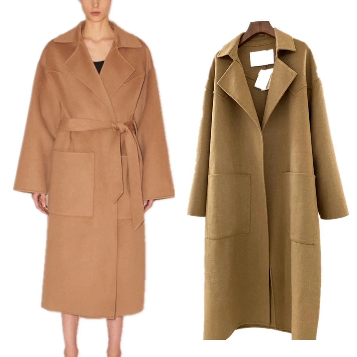 

Maxdutti Fashion Lazy Loose Overcoat Quality 90% Wool And 10% Mulberry Silk Vintage Caramel Double-Sided Wool Coat For Women