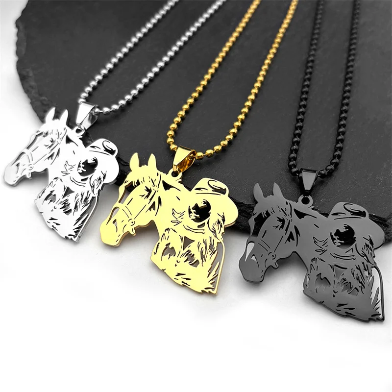 

Hollow Horse Head With Women Car Pendant for Women Men Stainless Steel Gold Color Animal Car Accessories Chain Necklace Jewelry