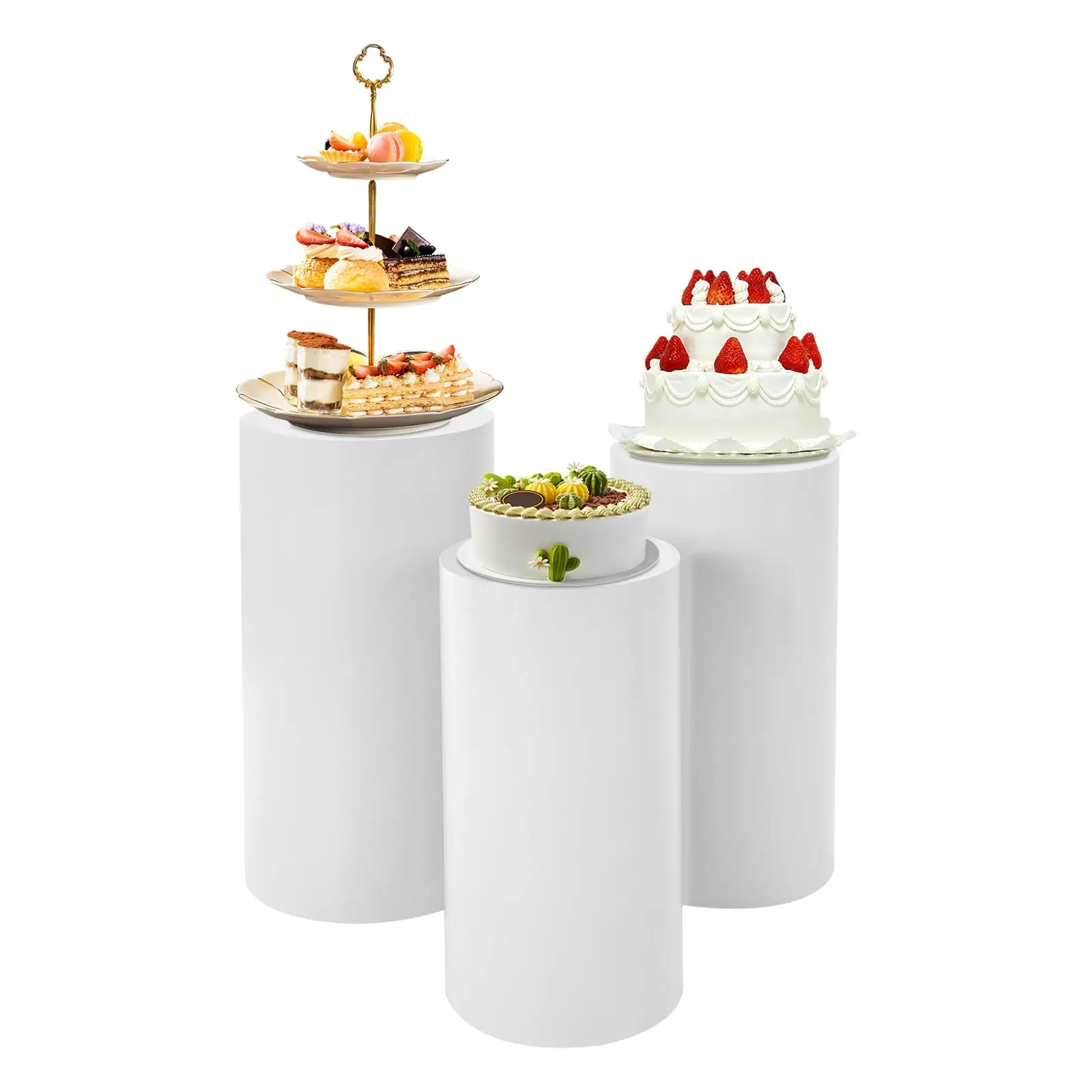 

White Round Cylinder Pedestal Stands Display, 3-Piece Wedding Pillar Set, Pedestal Decor Backdrop, Dessert Table Pillars, for Pa