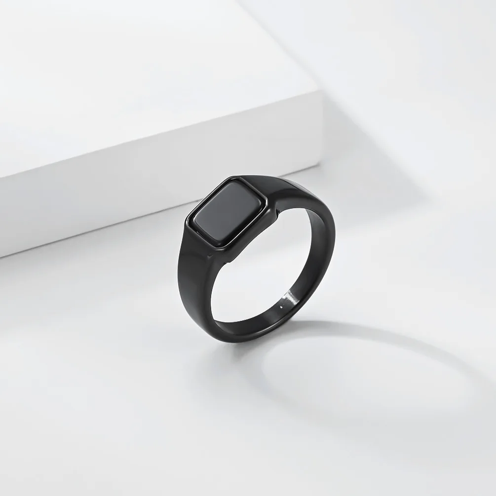 Luxuriöser geometrischer Ring mit schwarzem Edelstein im minimalistischen Stil aus Titanstahl für Damen, trendiger Schmuck, Weihnachtsgeschenk – Detail 10