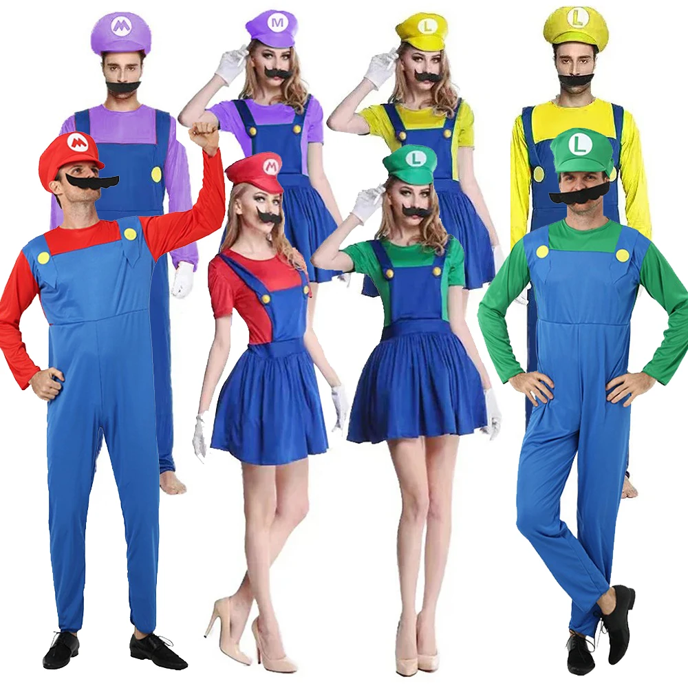 4pcs Super Brother Marios Game Luigi Cosplay Costumes Funny Super Bros Adults Suit Anime Men Jumpsuit Dress Halloween Costume