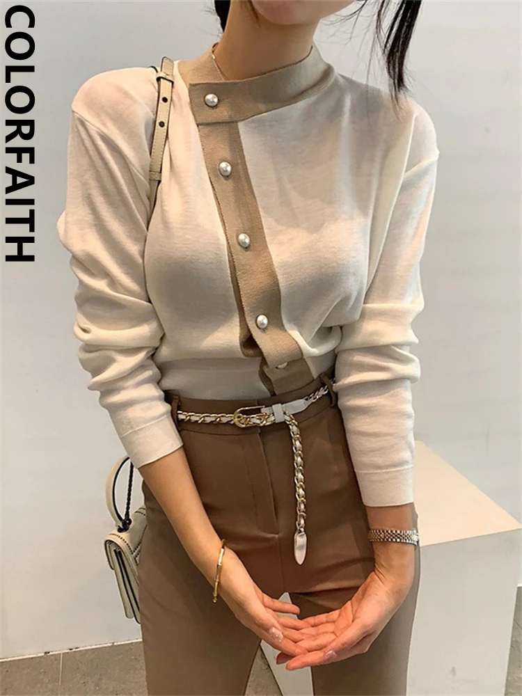 Colorfaith SW7697Q New 2023 Women's Sweaters Autumn Winter Fashionable Elegant Lady Pearl Buttons Short Cardigans Vintage Tops