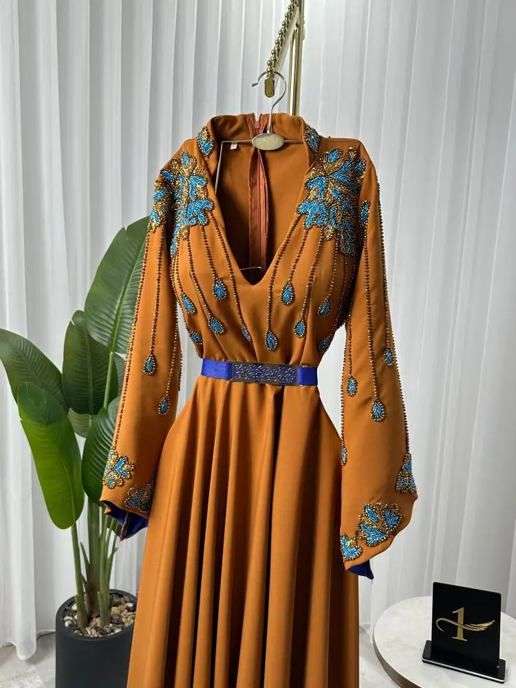 Jirocum Bell Sleeve Burnt Orange Evening Dresses V-Neck Blue Beaded Dress for Formal Gala Prom Dresses Saudi Arabia