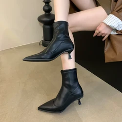 Black High Heel Ankle Boots Women Sexy Pointed Toe Low Heel Brown Boots Autumn Ladies Shoes Fashion Botines Mujer 2024 Tendencia