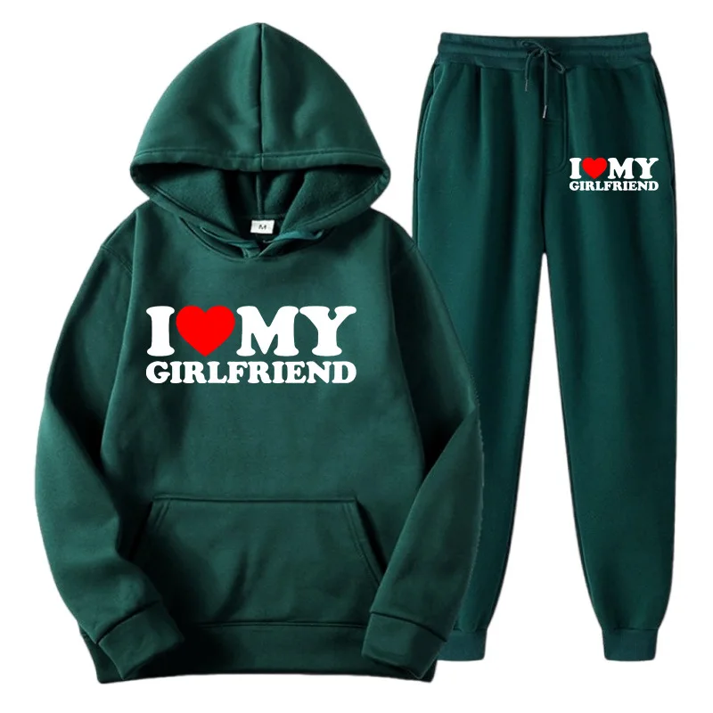 New I LOVE MY GIRLFRIEND Print Men Women Tracksuit Hoodies Thick Pullover and Long Pant Set Men Autumn Fleece Jogger Sports Suit