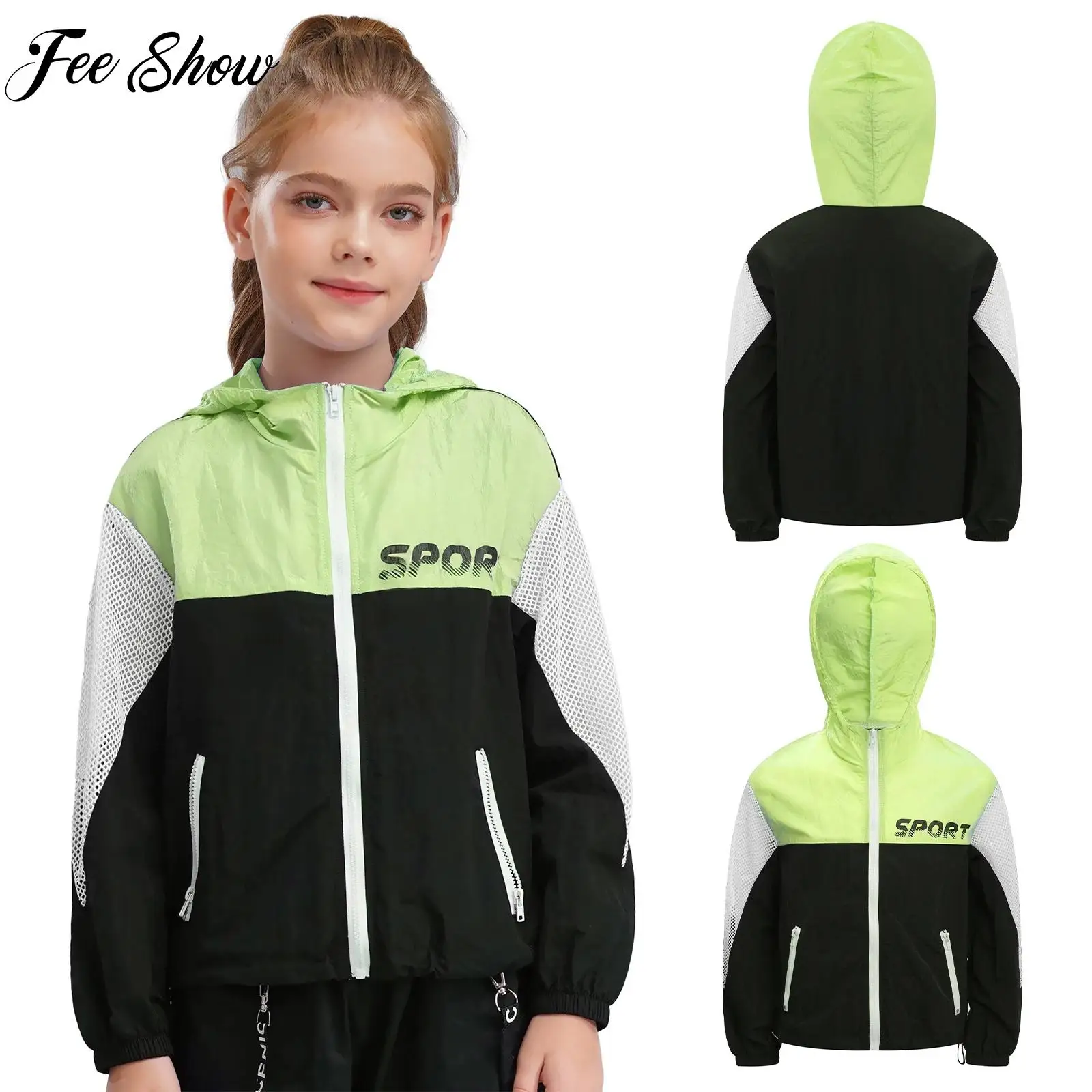 

Детская модная куртка с капюшоном для девочек, одежда для джазовых танцев, скейтбординга, ажурная толстовка с длинными рукавами в сетку, легкая верхняя одежда