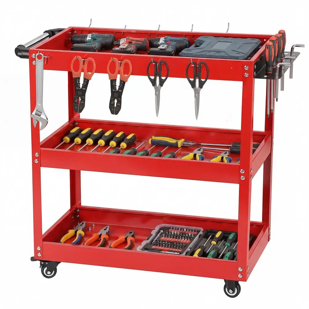 

Rolling Utility Cart, 3-Tier Metal Heavy Duty Rolling Tool Cart With Hooks, 330lbs Load Capacity Tool Organizer Cart For Garage