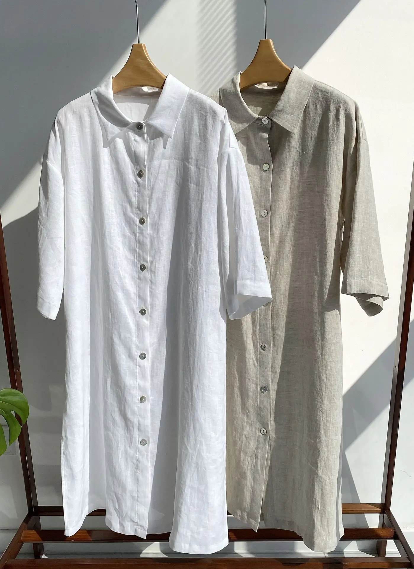 100% Linen Women Turn-Down Collar Simple Shirt Dress Single Breasted Loose Split Long Sleeve Nightgown Summer 2024