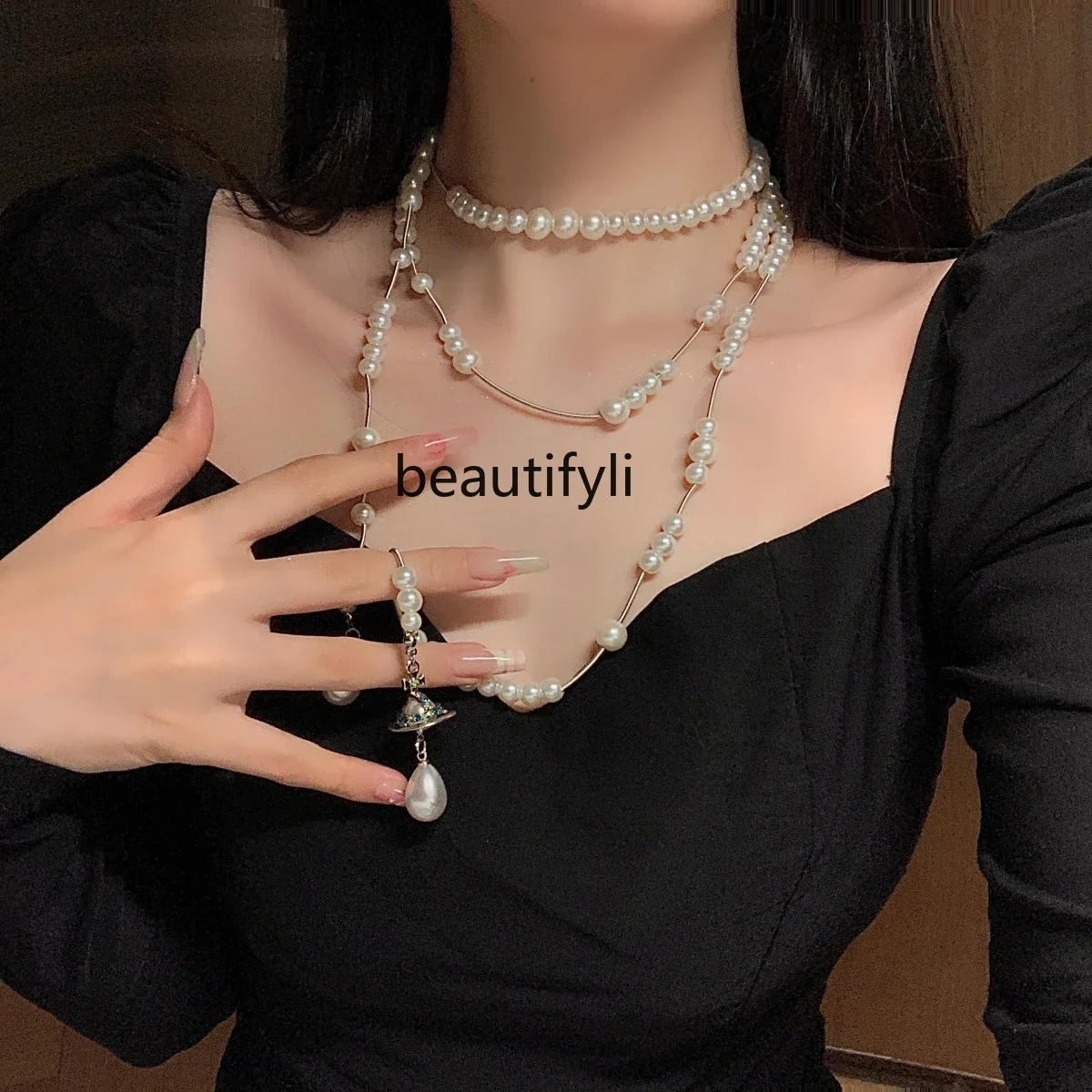 

Light Luxury Minority Pearl Necklace Necklace Women's Long Multi-Layer Sweater Chain Twin