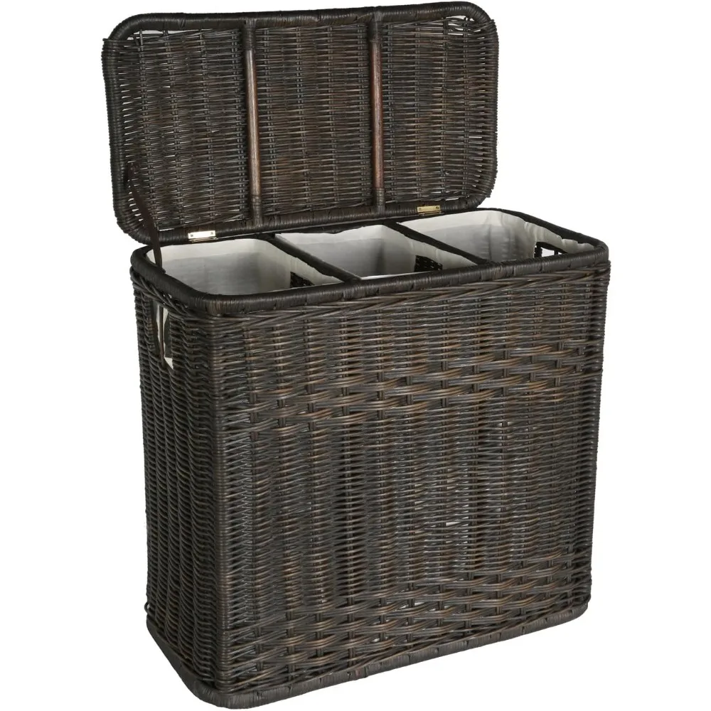 3-Compartment Wicker Laundry Sorter Hamper, 30 in L x 15 in W x 28 in H, Antique Walnut Brown