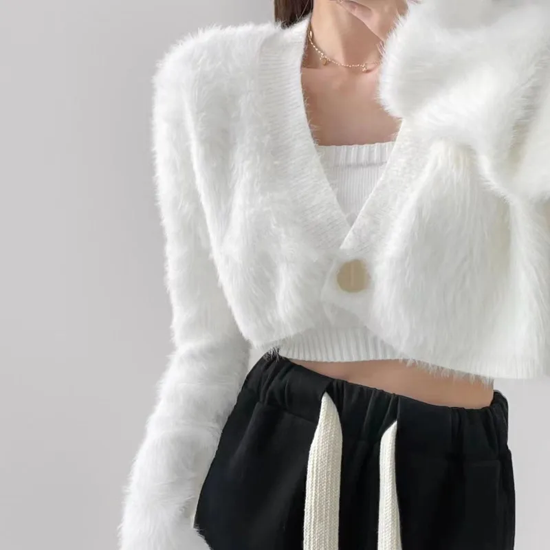 Fuzzy Crop Cardigan with One Button Front Soft Fluffy Knit Sweater Jacket Women Teen-girl Fall Winter Y2K Acubi Outfit