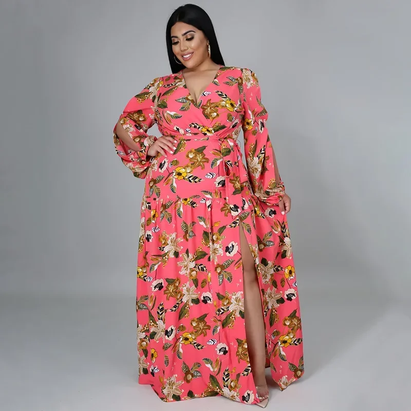 KEXU-vestido maxi de manga comprida com decote em v para mulheres, cintura alta, túnica, grande balanço, chique, sexy, elegante, festa, primavera, 2022, plus size