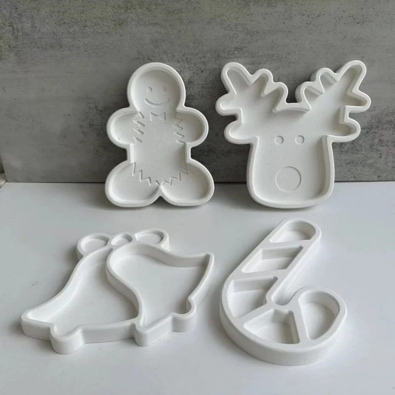 Christmas Decorative Tray Saucer Silicone Mold Gingerbread Man Crutch Bell Tray Plaster Epoxy Mold