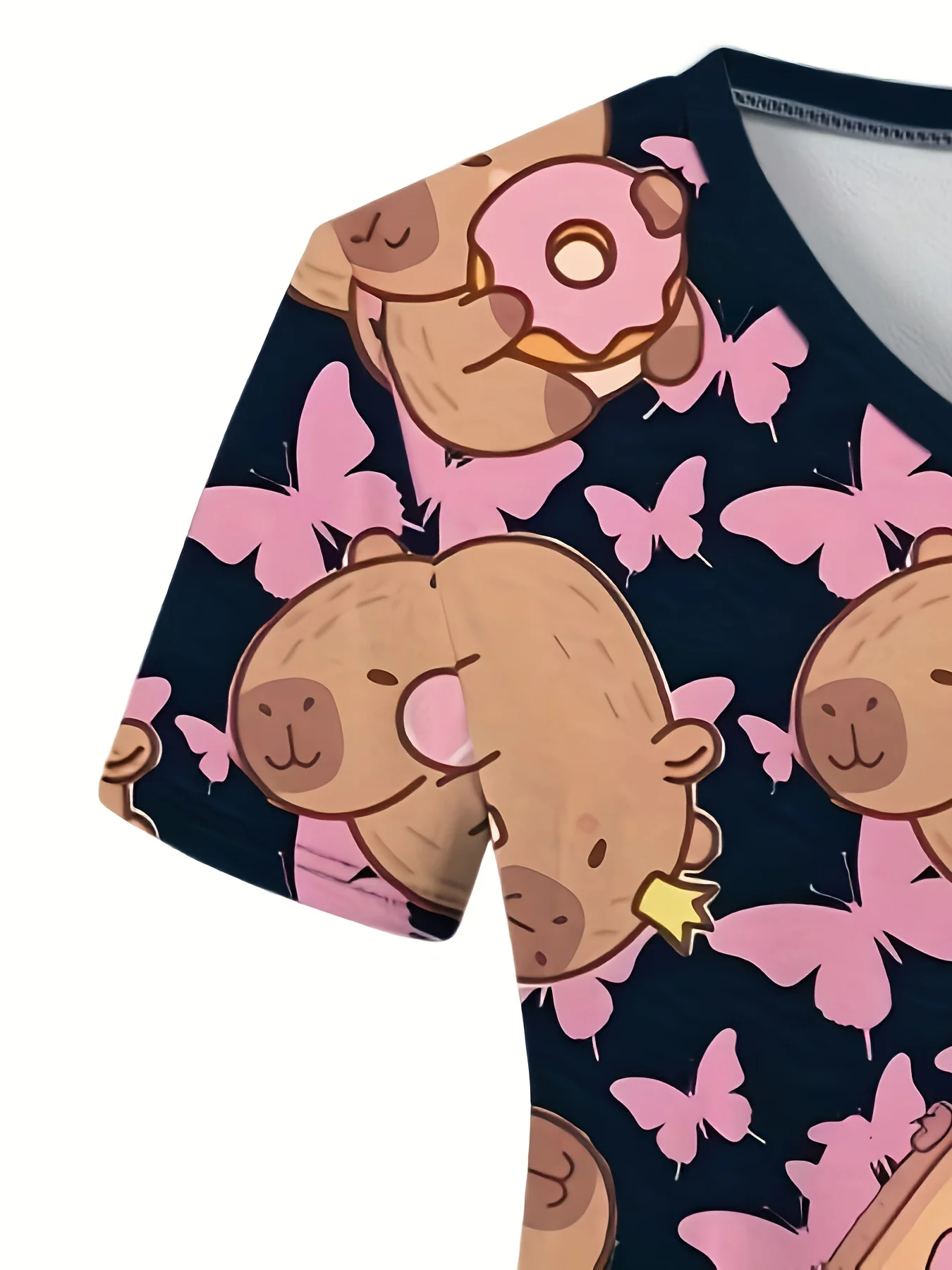Haut d'uniforme d'infirmière décontracté à manches courtes et col en v pour femmes, chemise de travail à imprimé floral et cochon de dessin animé mignon avec poches pour les travailleurs