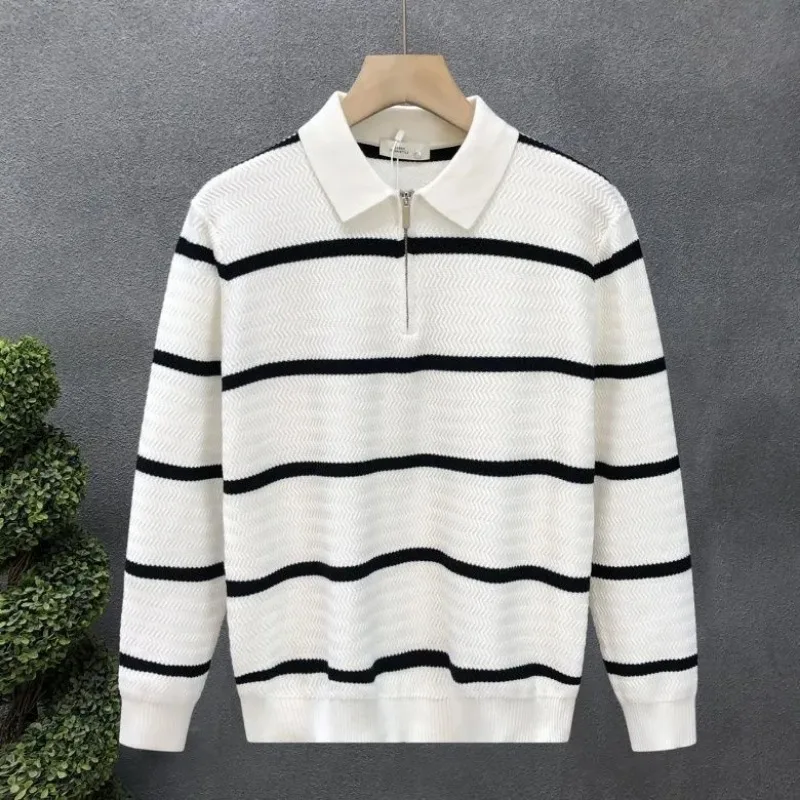 

Осень-зима, полосатая контрастная ниша с лацканами, популярная вязаная рубашка-поло, мужской повседневный модный свитер с половиной молнии