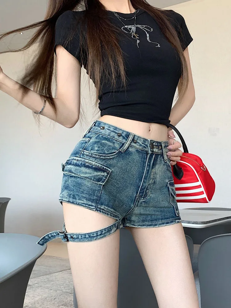 Pockets Design Denim Shorts For Women 2024 Summer New Fashionable High Waisted A-line Versatile Hot Pants Female