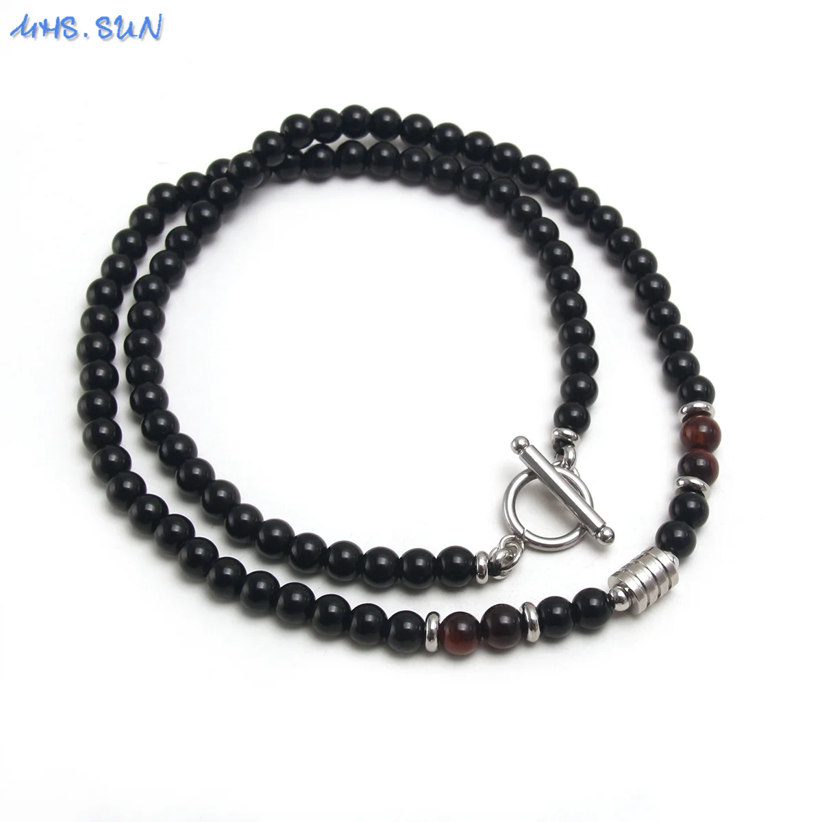 MHS.SUN Fashion Stainless Steel Necklace Black Beaded Natural Stone Handmade Clavicle Chain For Men Women Party Jewelry