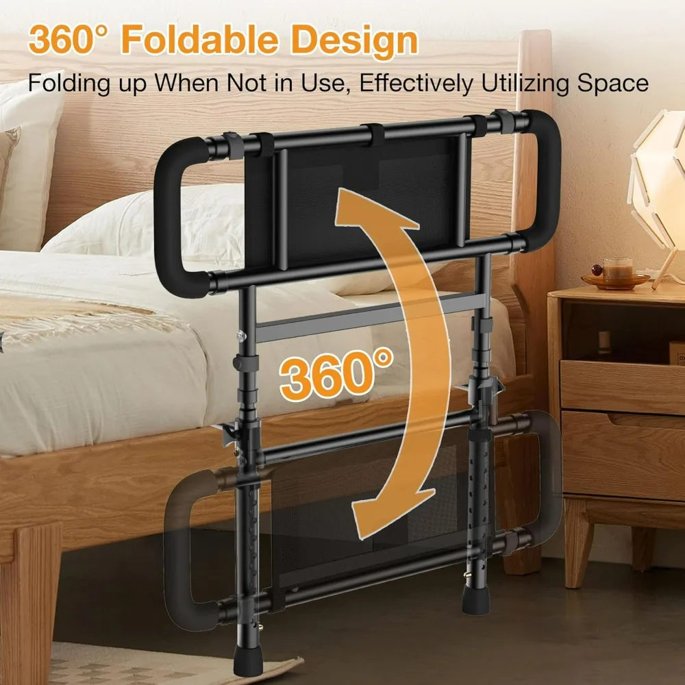 Bed Rails for Elderly Adults Safety, Stainless Steel Bed Assist Rail with Adjustable Side Railings with Storage Pocket