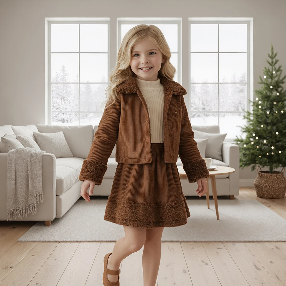 

2Pcs Set Kids Girls Fall-Winter Corduroy Clothing Suit – Long-Sleeve Textured Shirt Top + Matching Dress, Warm Caramel Outfits