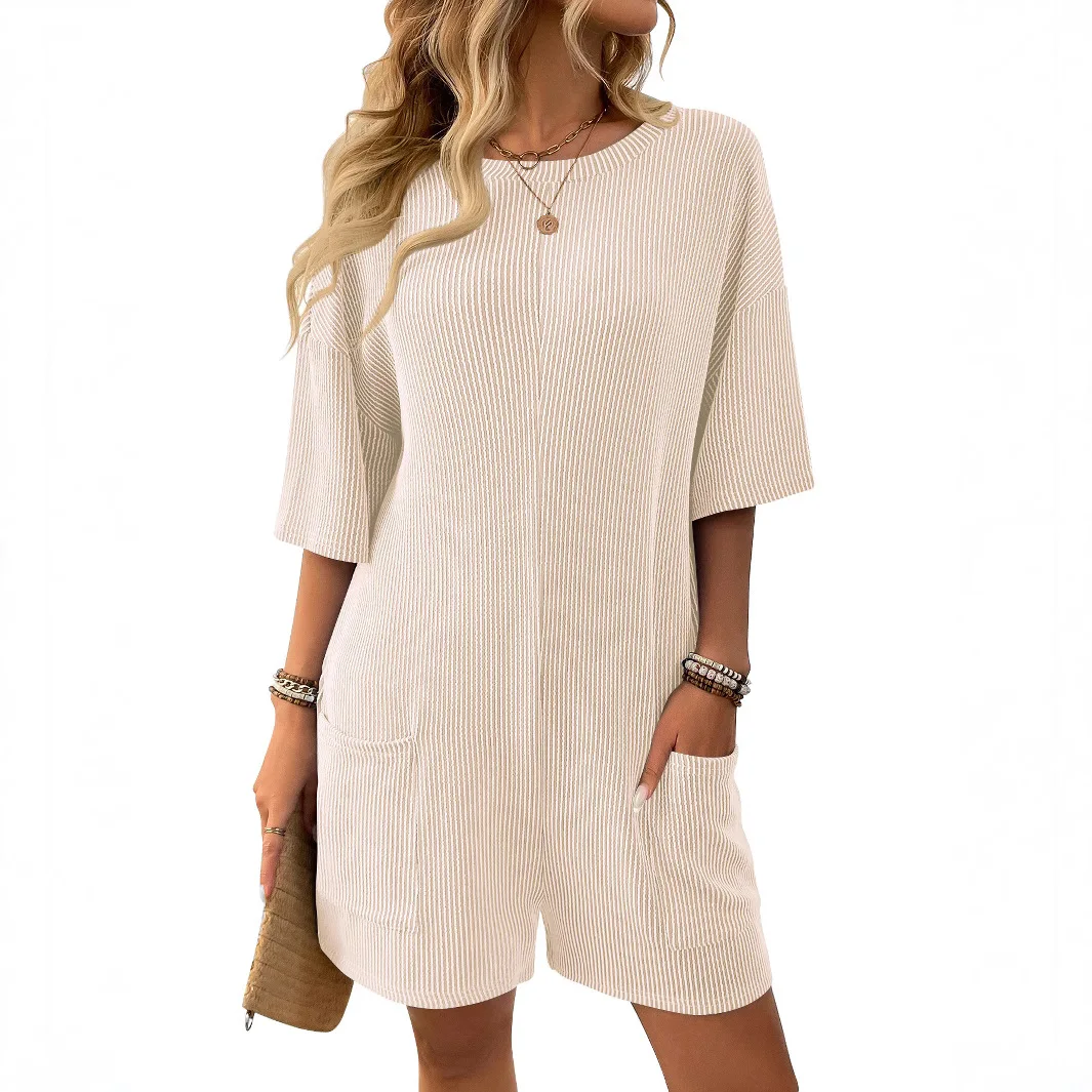 المرأة الجديدة فضفاضة جيب الظهر الخامس الرقبة السراويل بذلة #4