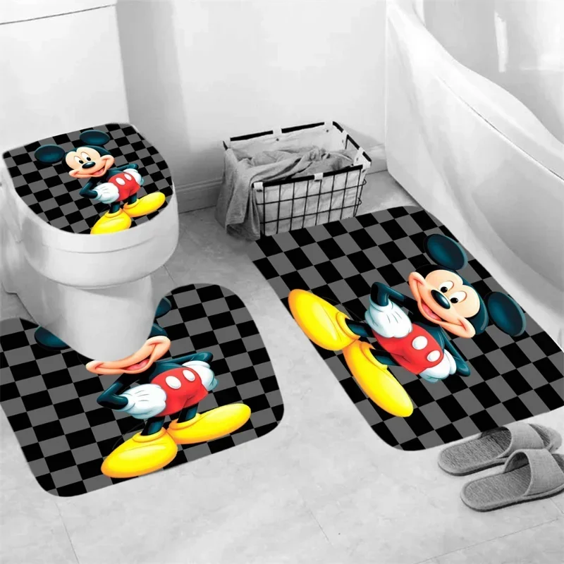 Disney Cartoon Mickey Minnie Mouse Bath Curtain Hooks Shower Bathroom Toilet Mat Lid Rug Curtain Sets 180x180cm 4Pcs