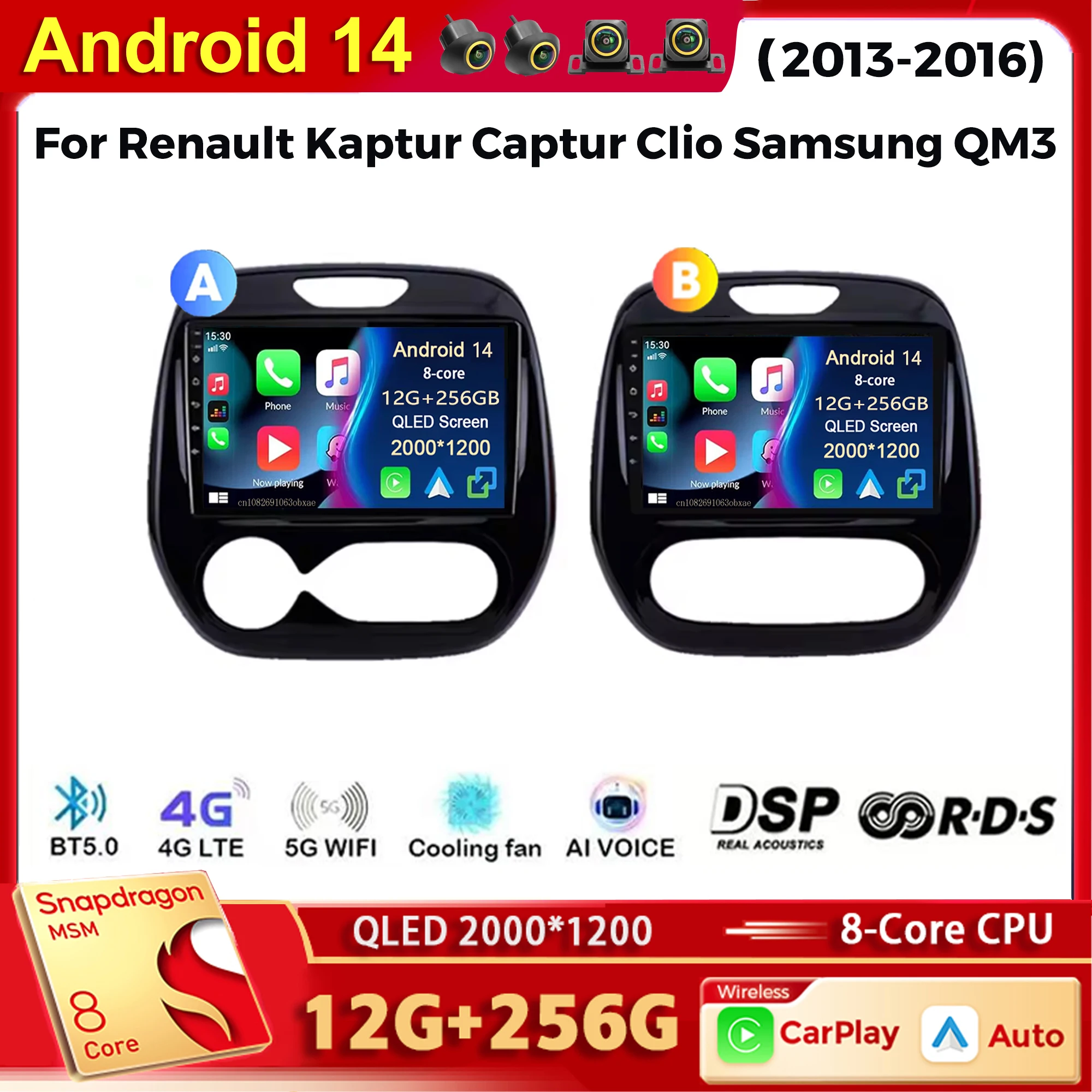 

Android 14 Car Radio Multimedia Player For Renault Kaptur Captur Clio Samsung QM3 2013-2016 Carplay Car Stereo wifi+4G Ai voice