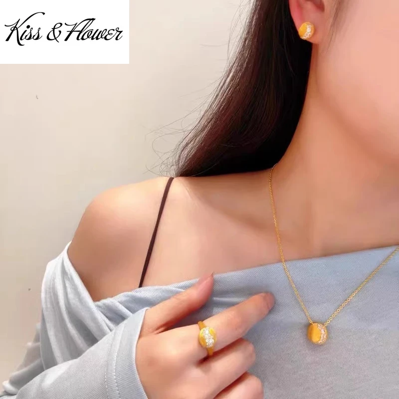 

KISS&FLOWER 24KT Gold Round Necklace+Ring+Stud Earring For Women Wedding Party Birthday Christmas Bride Mother Girl Gift JS94