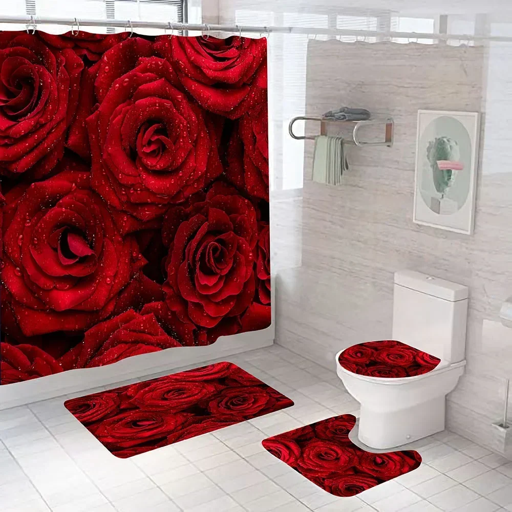 Red Rose Flowers Pattern Shower Curtain Set with Rugs Waterproof Bathing Screen Anti-slip Toilet Lid Cover  Bathroom Decor