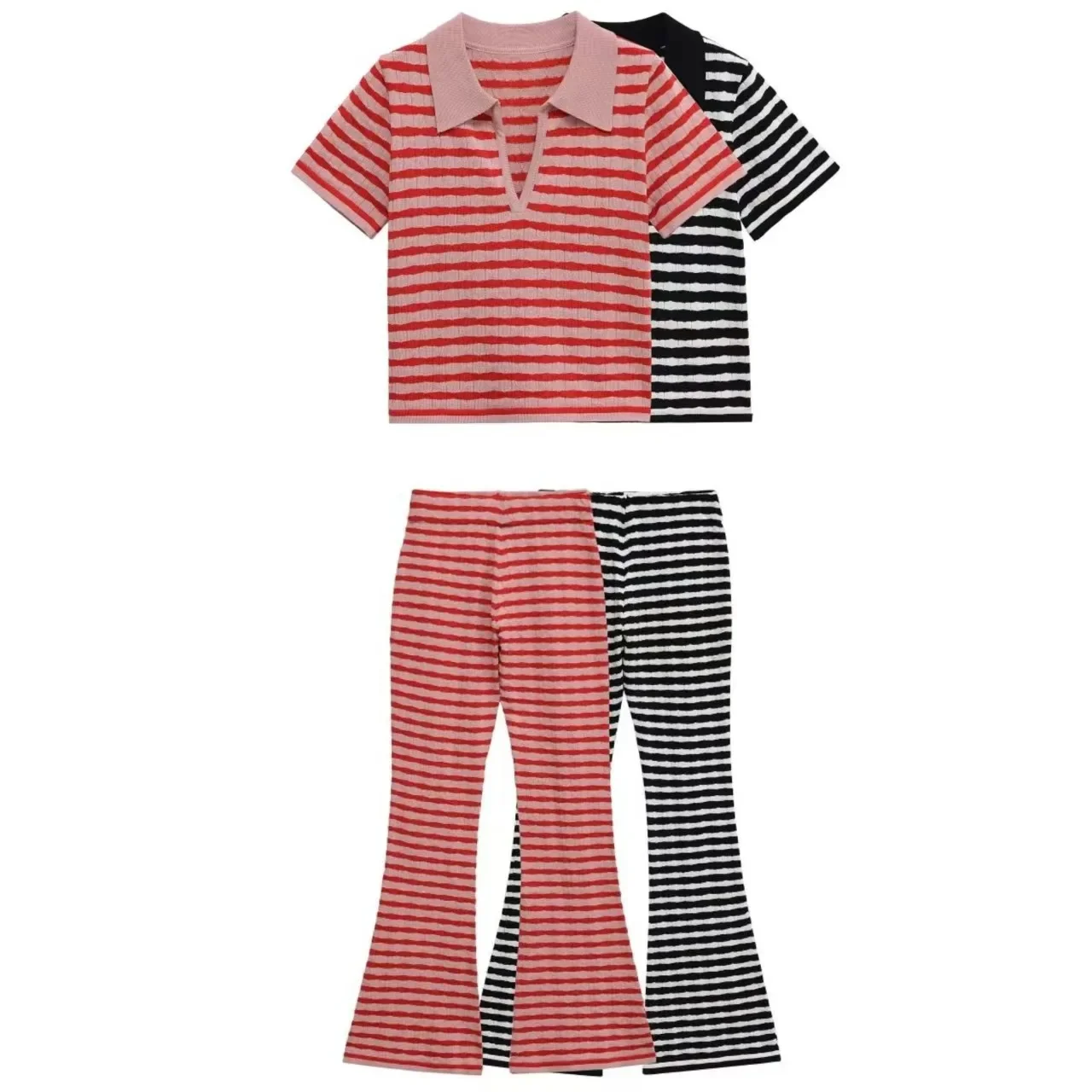 Frauen Casual Gestreiften Pullover Kurzarm Shirts Flare Hosen Set Modische Frühling Sommer Zwei-Stück Set Frauen 5039363