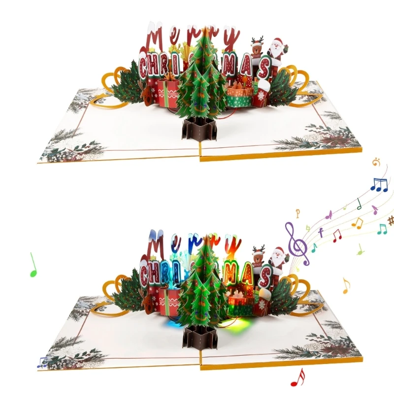 3D Christmas Tree Light Up Music Card Unique Foldable Holiday Greetings Card with Envelope Present for Family and Friend