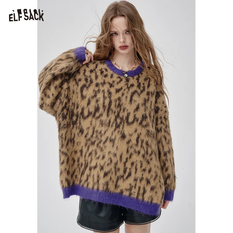 

ELFSACK 2025, зимние новые поступления, свободный вязаный свитер с леопардовым принтом, большой вязаный свитер с круглым вырезом для женщин
