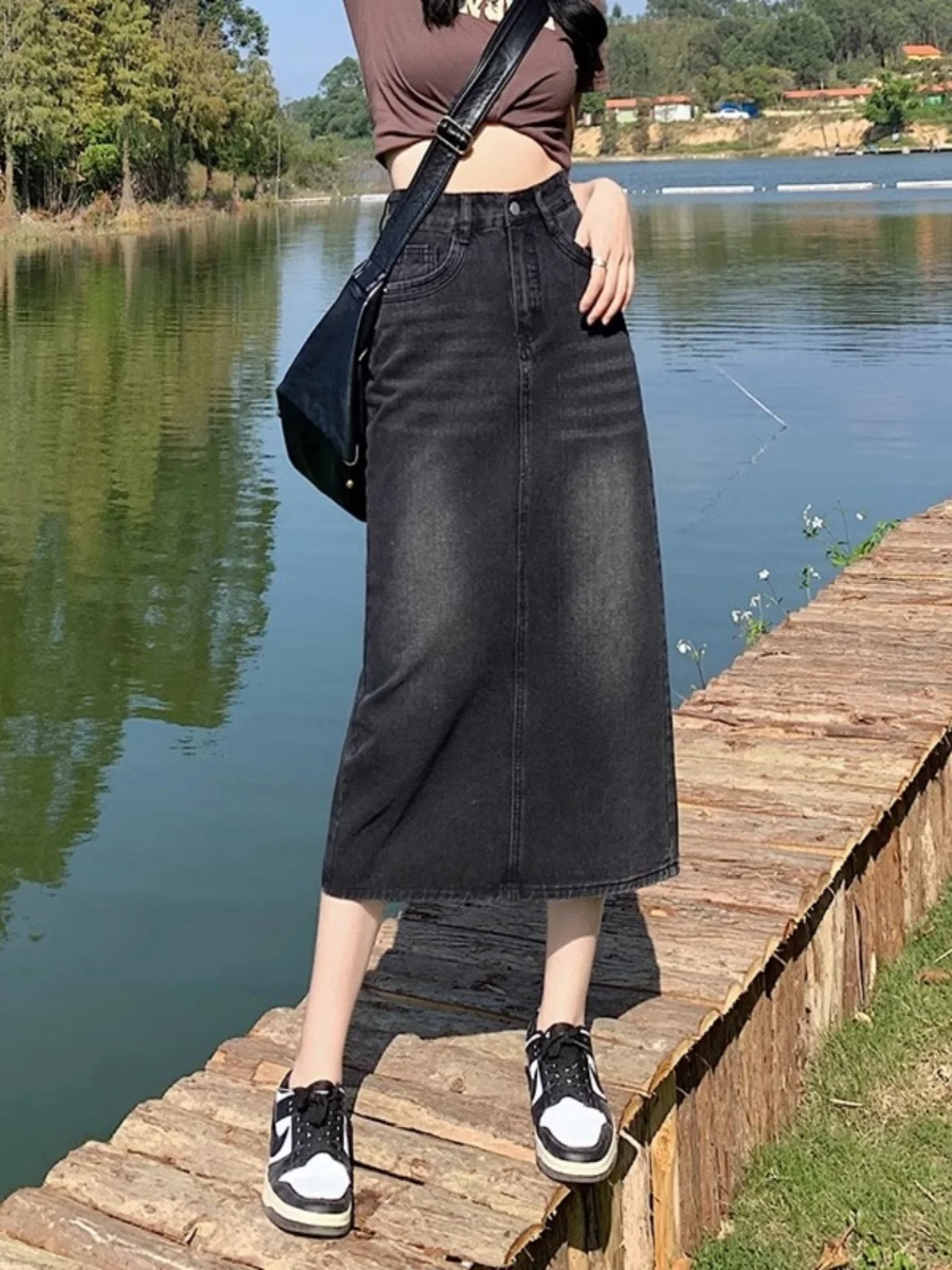 

Женская джинсовая юбка-трапеция с высокой талией, облегающая, повседневная, тонкая, черная, средней длины, весна-лето, модная