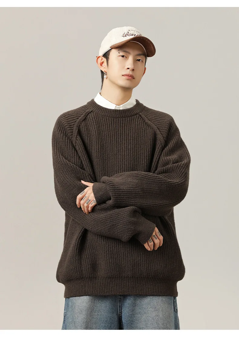 

Трехмерный дизайн плеч, свитер с круглым вырезом, осень-зима, текстура, толстая игла, однотонная свободная куртка в стиле ретро