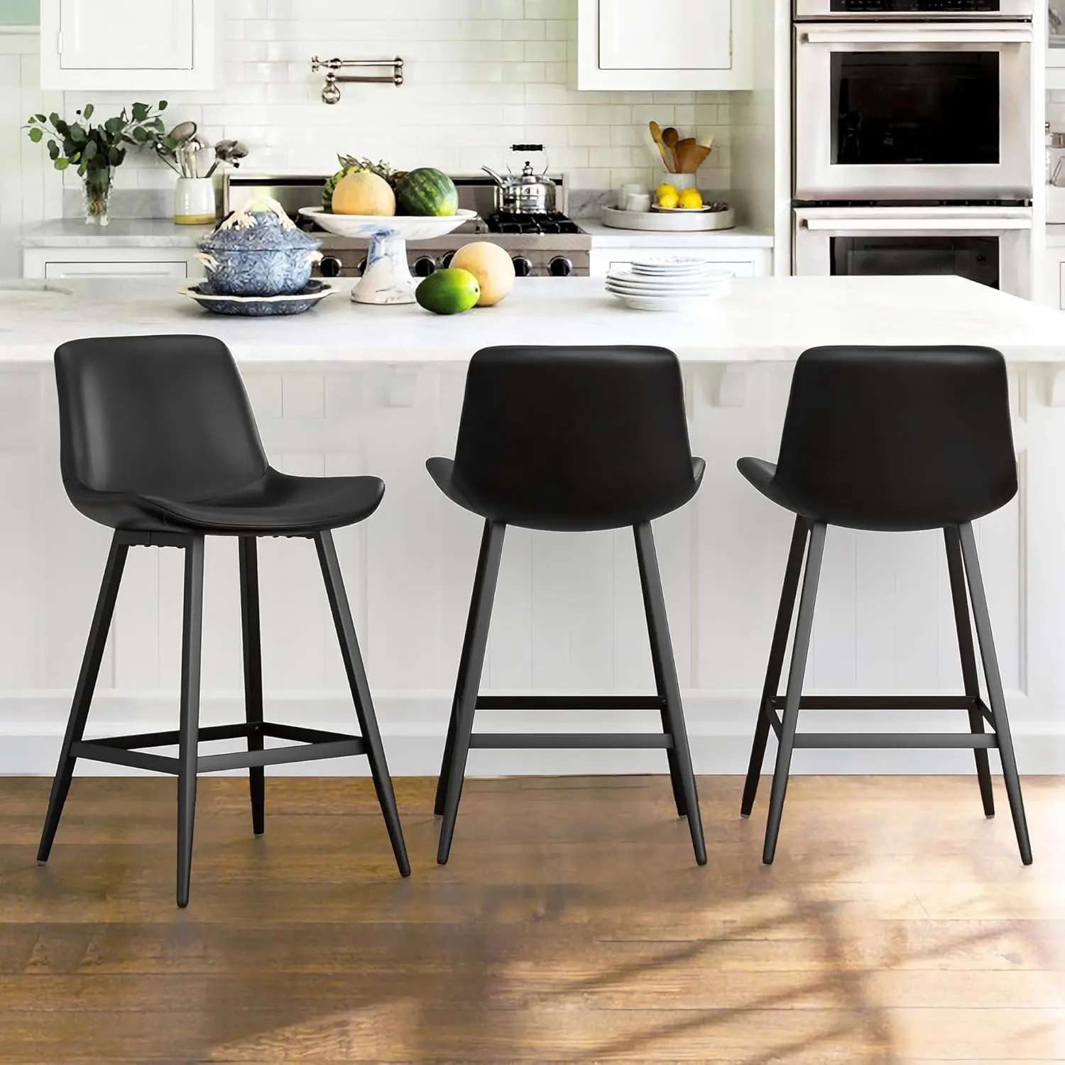 

24 inch Counter Stool, Modern Bucket Barstool Set of 3, Barstools with Back and Footrest, Faux Leather Bar Stools for Kitchen Is