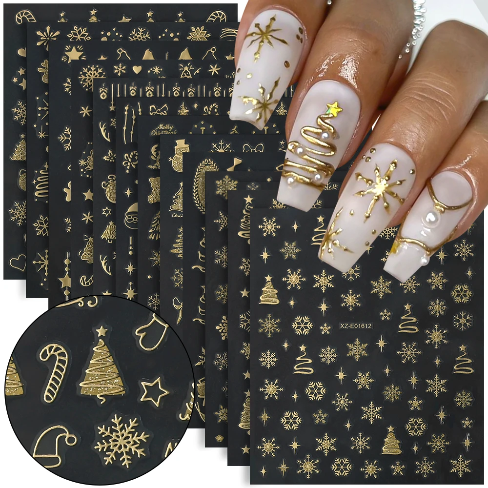 12pcs 3D Gold Christmas Nail Stickers Sparkling Snowflakes Santa Hat Xmas Tree Nail Decals Winter Happy New Year Manicure Slider