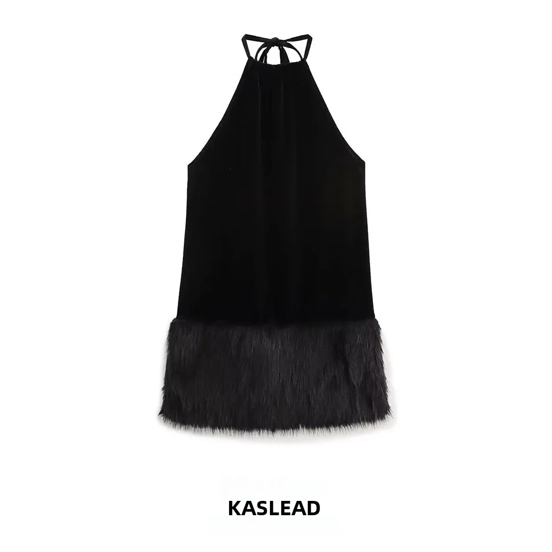 KASLEAD Sexy Elegant Neckline Dress Women's Fashion Versatile Dress Casual Loose Fit Polyester Fiber No Sleeve