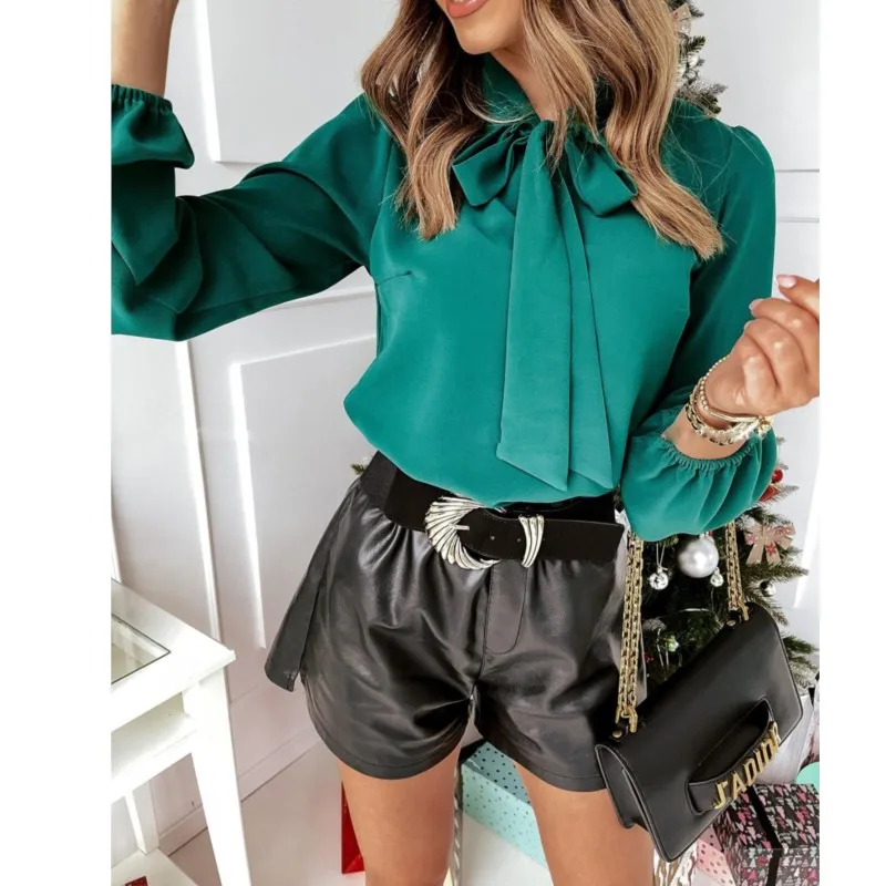 

Elegant Solid Color Women's Blouse With Bow Tie Collar Versatile Casual Lantern Sleeve Shirt Top Women's 2025 Spring New Product