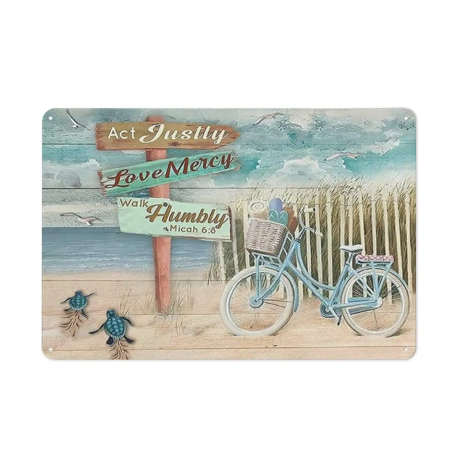 FixeLLD Rustic Vintage Metal Tin Sign Beach Wall Art for Bathroom Ocean Pictures Seaside Bicycle Print Seascape Prints Artwork N