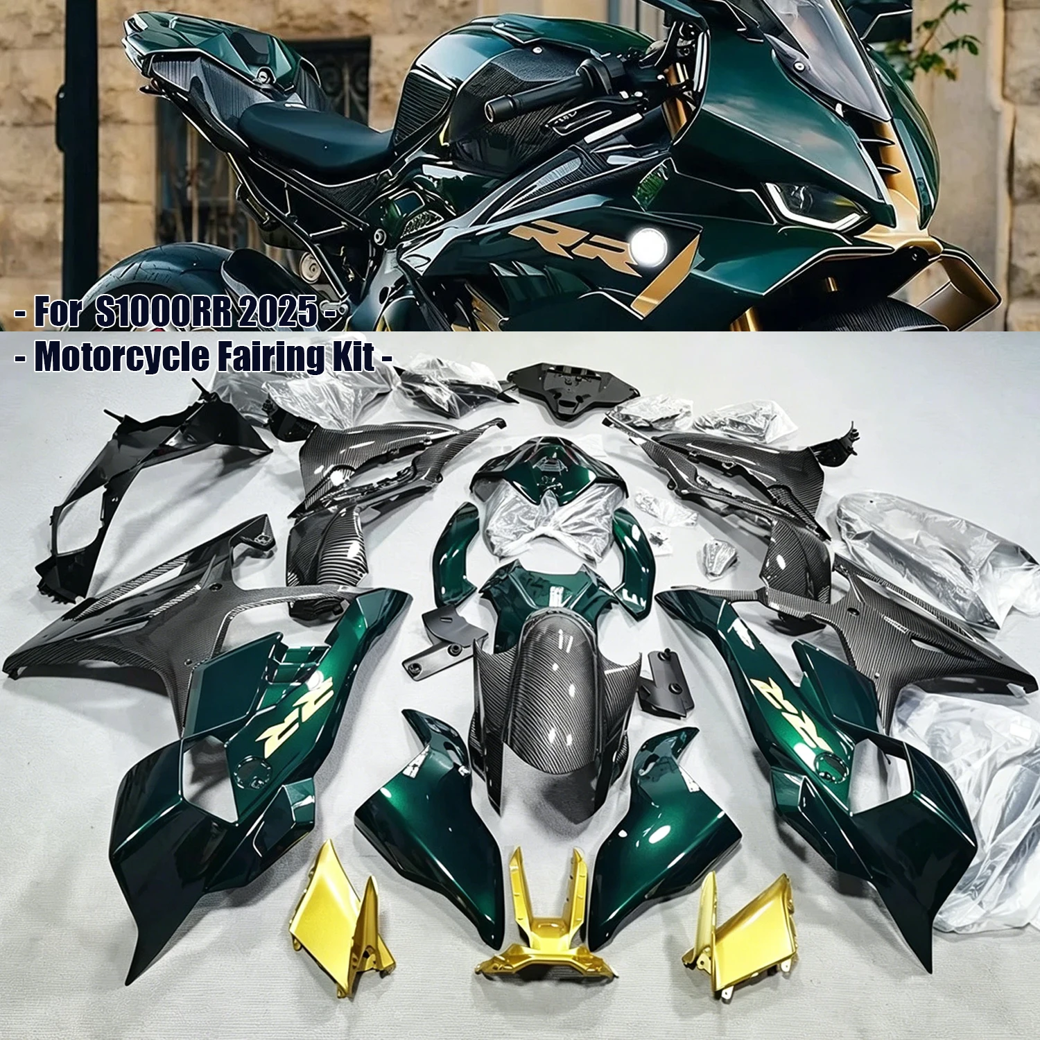 Kit Carene Moto in Fibra di Carbonio ABS Nuove per BMW S1000RR 2025-2026, Kit Pannelli Carrozzeria Stampati a Iniezione Verde
