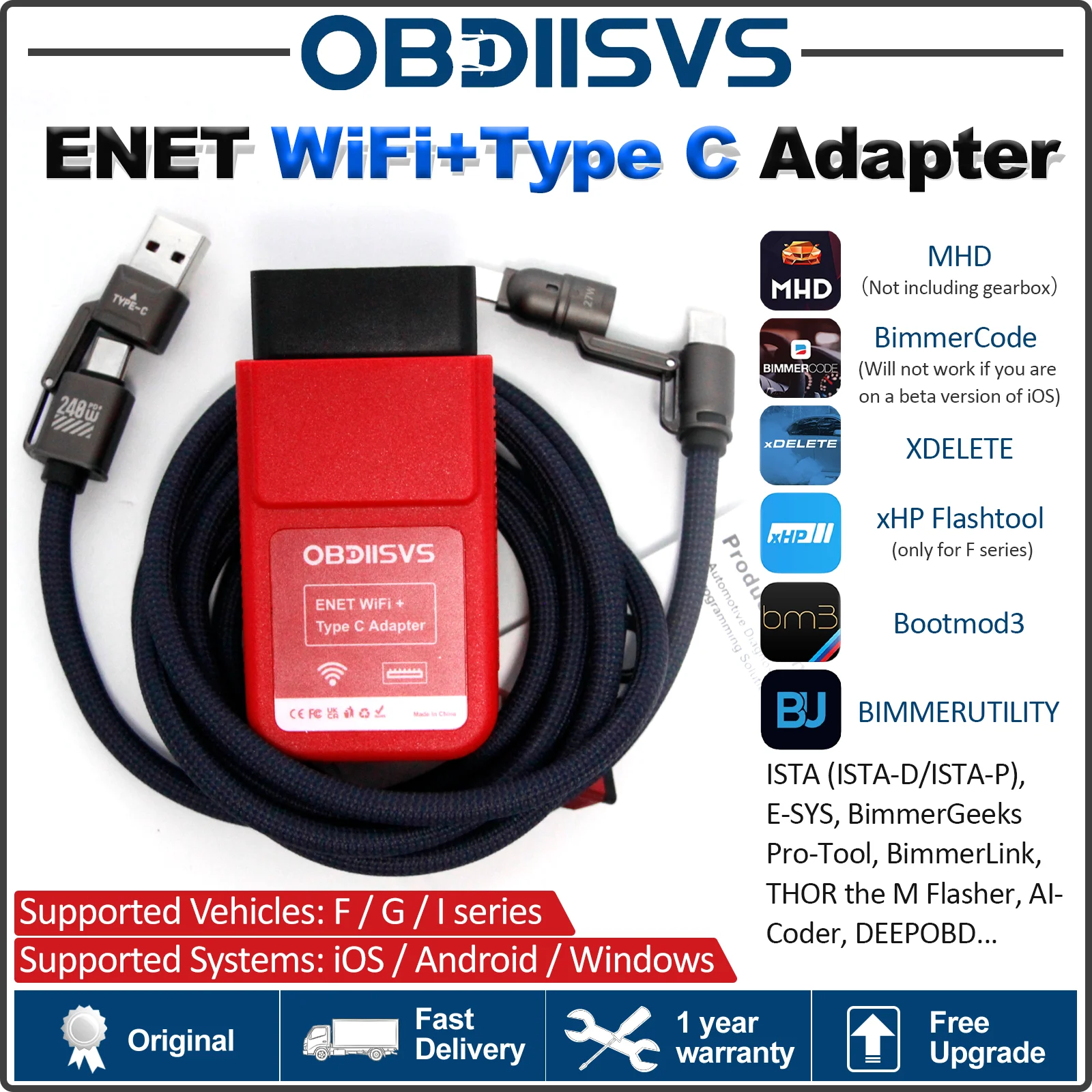 OBDIISVS Enet WiFi Adapter DoIP Interface Work for MHD, Bootmod3, xDelete, BimmerCode for F/G/I Series OBD2 Wireless Adapter