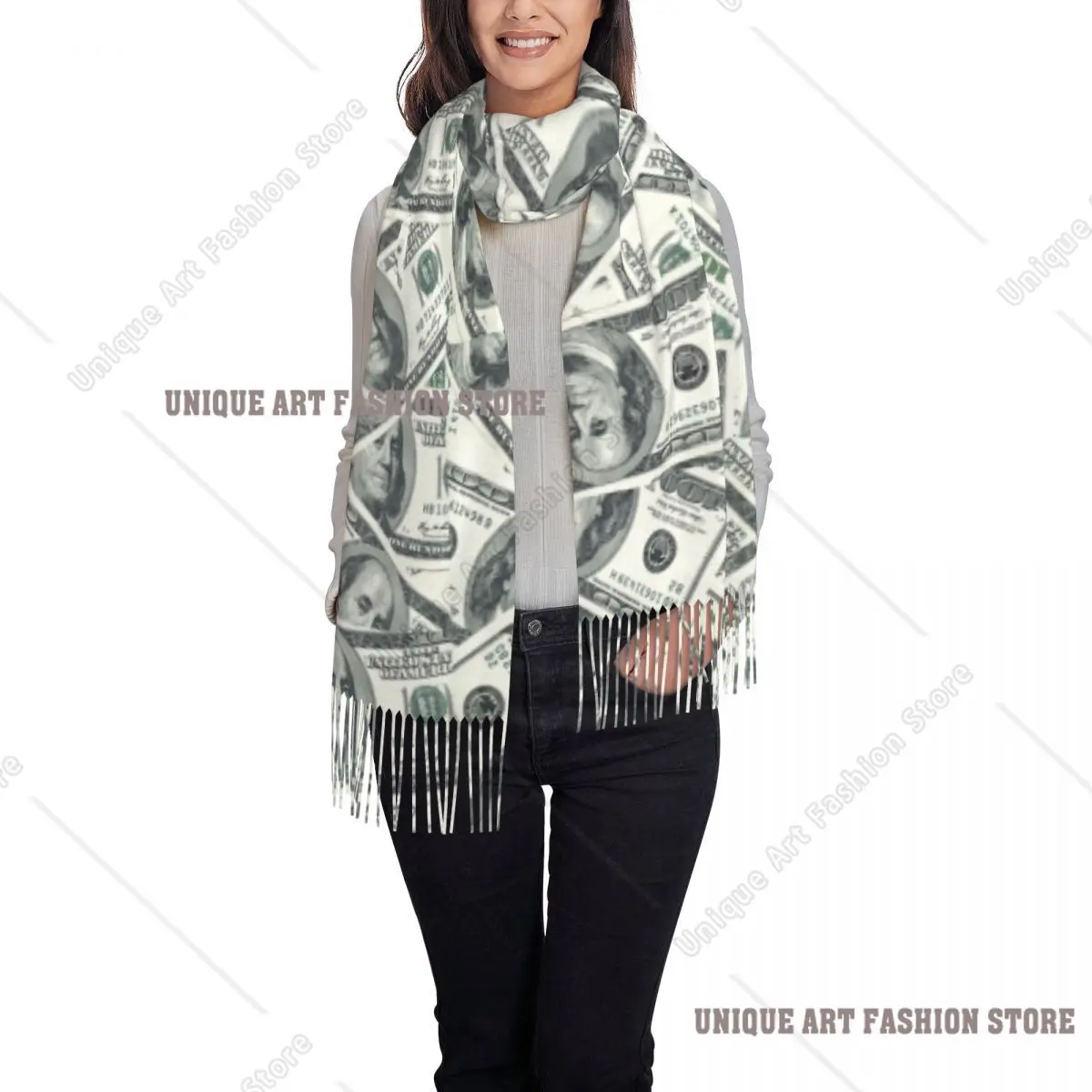 Custom American Money Dollar Bill Scarf Wrap Women Long Winter Warm Tassel Shawl Unisex Scarves