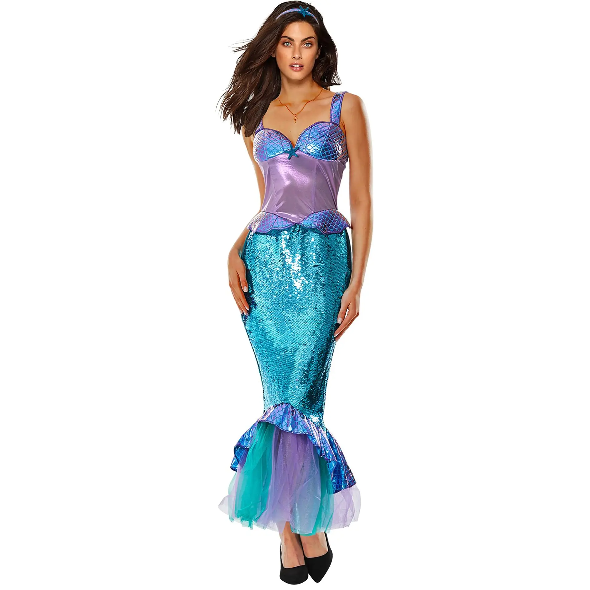 Halloween Women Cosplay Costume Adult Mermaid Princess Bling Dress Sexy Patchwork Slim Mermaid Dress Stage Performance Costume
