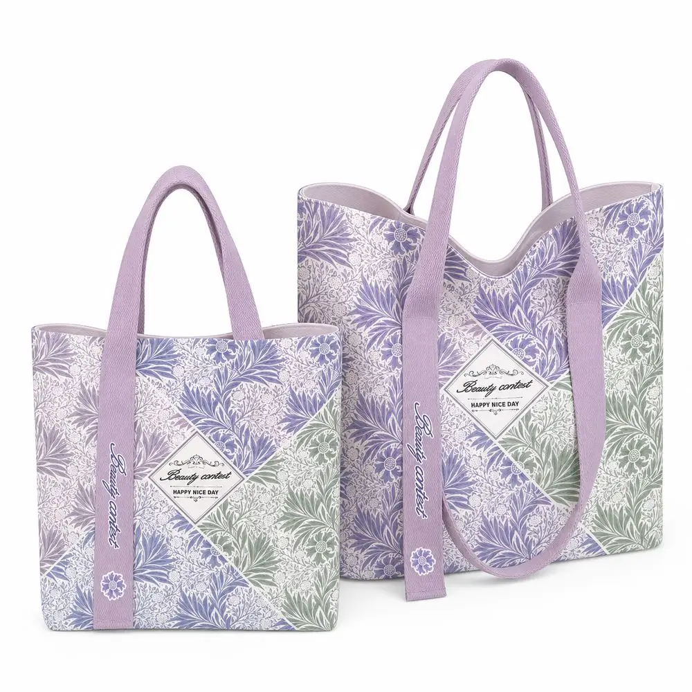 Cartoon Leaf Print Canvas Bag Wide Handles Large Capacity Shoulder Bag Lightweight Reusable Shopping Bag Women