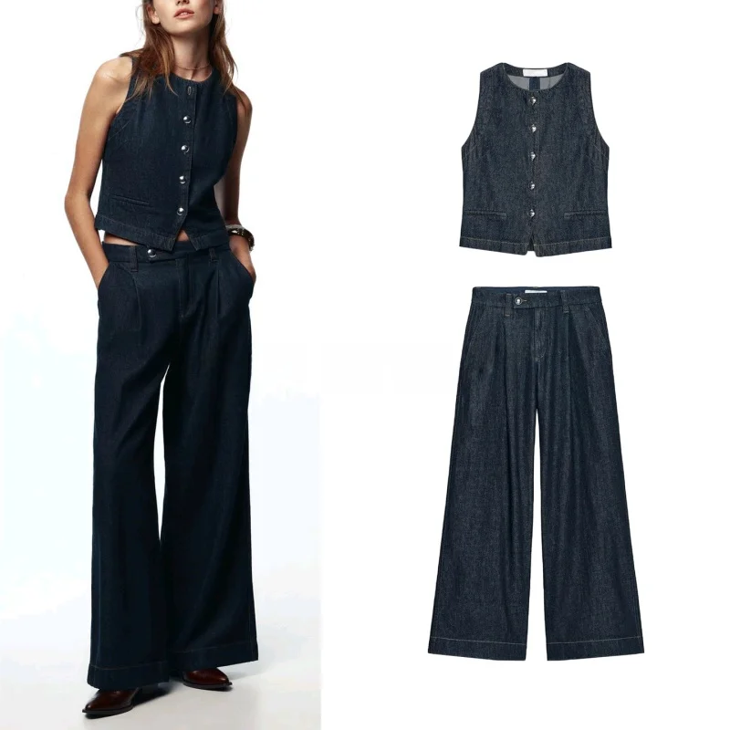 

Slim Fit Metal Buttonl Svel Denim Vest Casual High Waist Wide Leg Jeans Women's Faion Set Autumn Season