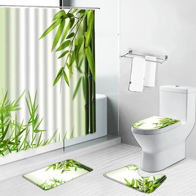 

HKL22Ink Painting Landscape Bamboo Shower Curtains Non-Slip Bath Mats Green Plant Leaf Bathroom Decor Set Rug Toilet Lid Cov3Lh!