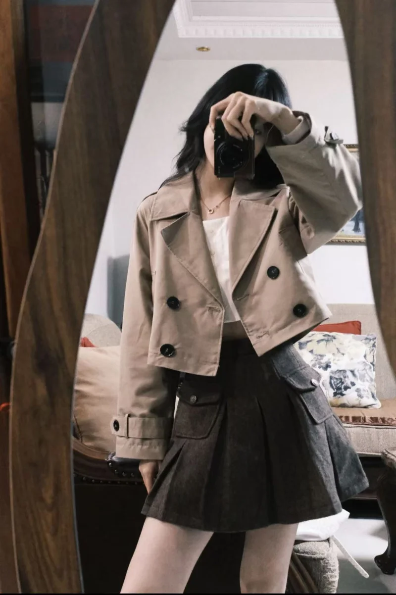 ETJ 2025 autumn new product women's classic double-breaked lapel simple short trench coat fashion casual coat
